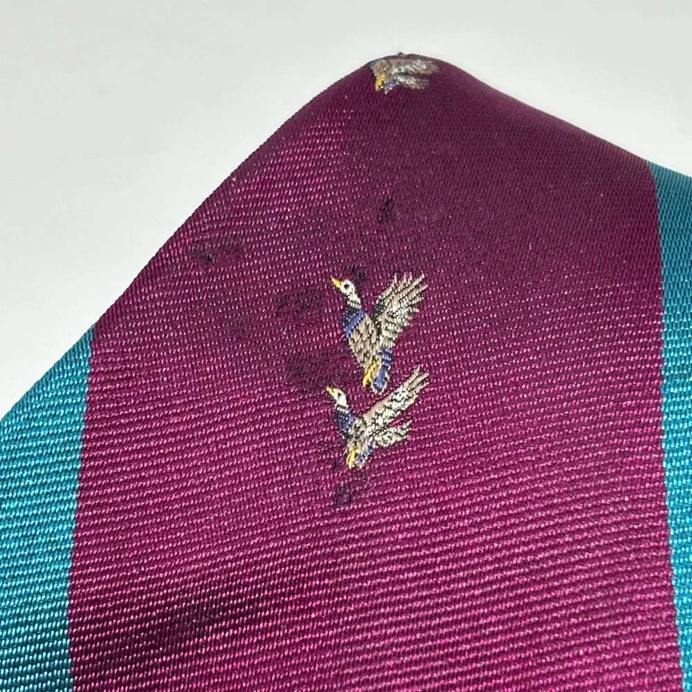 Chatham Ltd Necktie‎ Mens OS Teal Burgundy Mallard Duck Stripe Silk Handmade